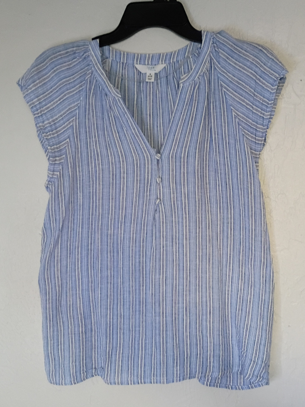 Time and Tru Blue and White Striped Short-Sleeve V-Neck Blouse